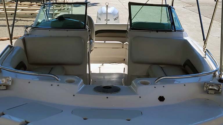 Inside of Deck Boat showing front seating